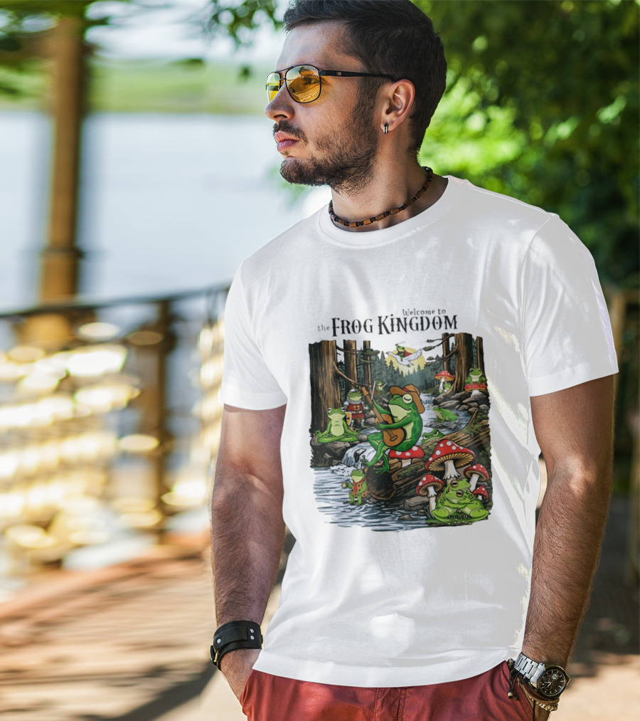 Frog Playing Guitar Forest Gathering Welcome To The Frog Kingdom T-Shirt
