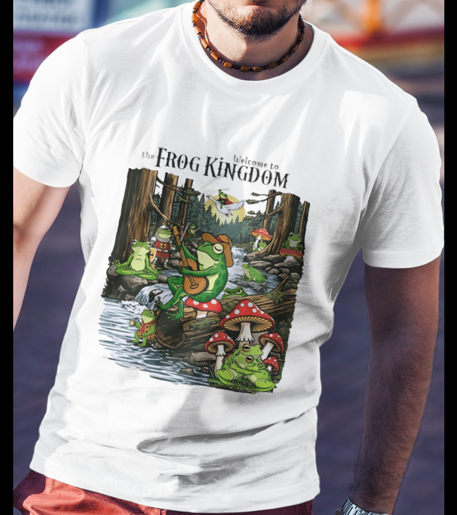 Frog Playing Guitar Forest Gathering Welcome To The Frog Kingdom T-Shirt