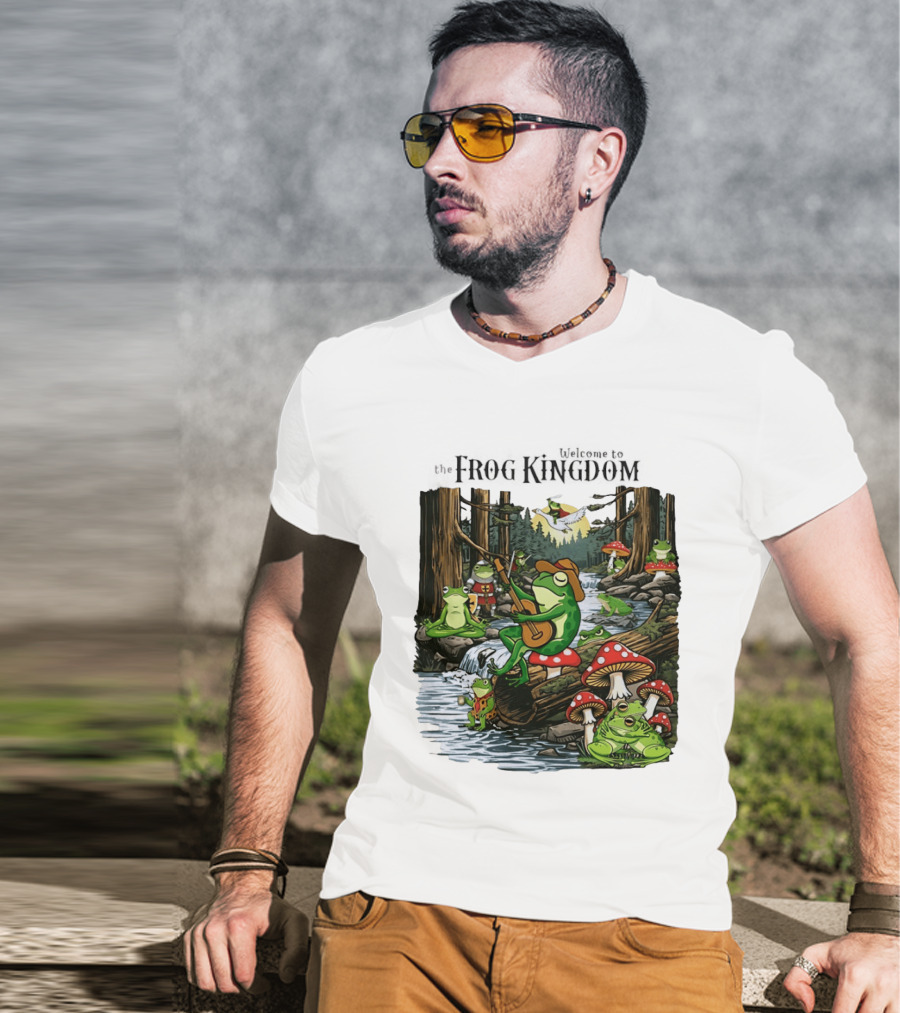 Frog Playing Guitar Forest Gathering Welcome To The Frog Kingdom T-Shirt