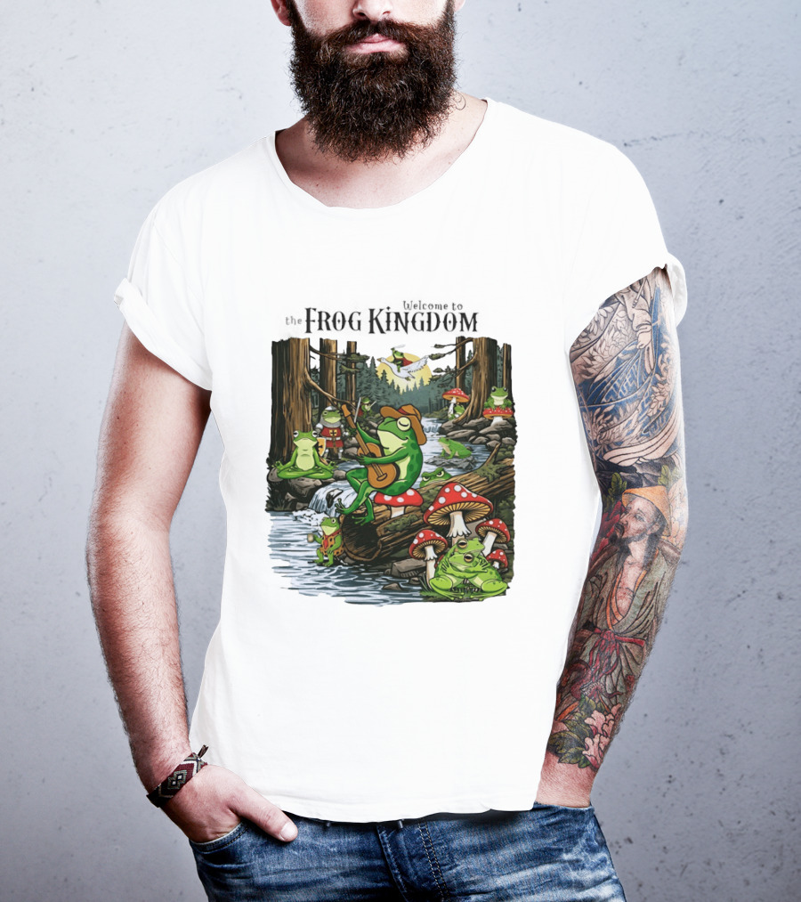 Frog Playing Guitar Forest Gathering Welcome To The Frog Kingdom T-Shirt
