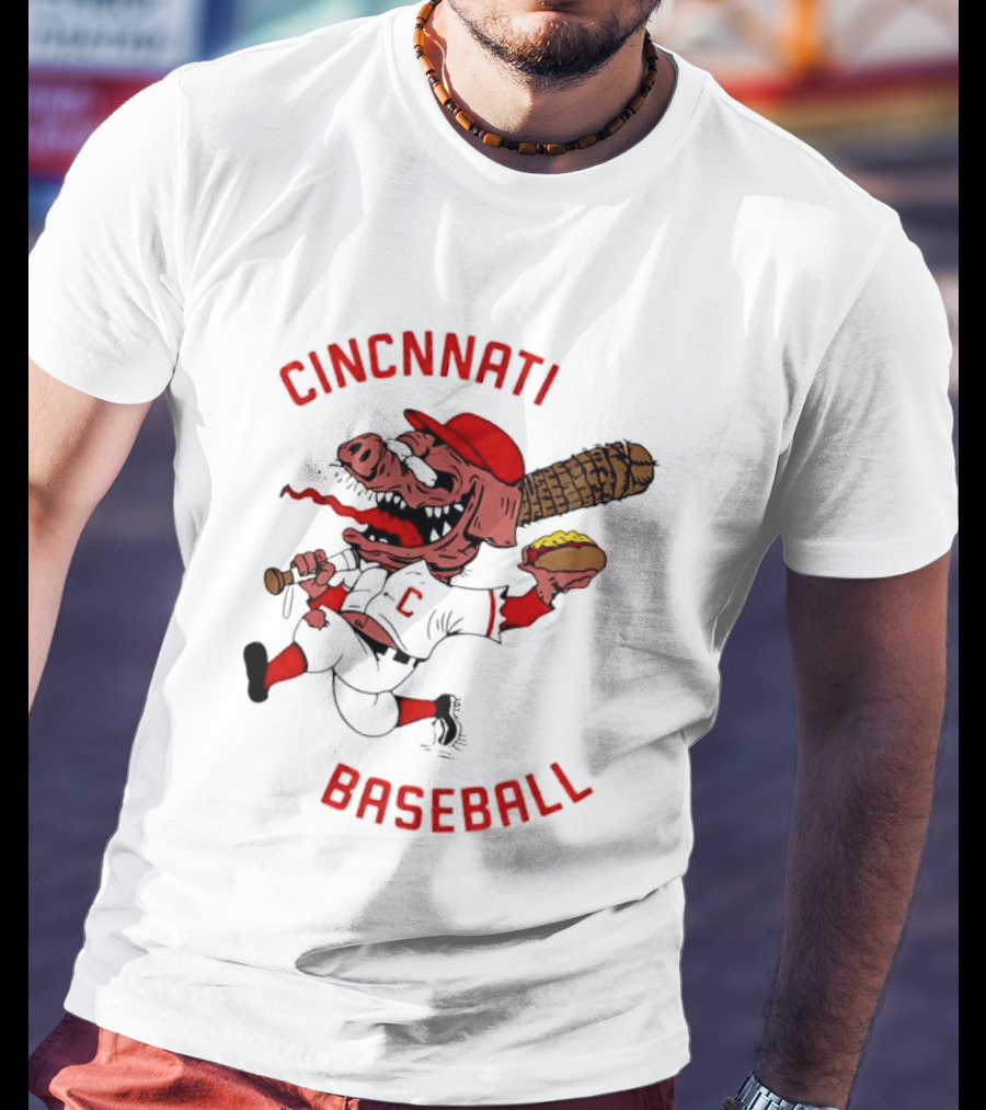 Cincinnati Baseball Pig Holding Hot Dog Bat T-Shirt