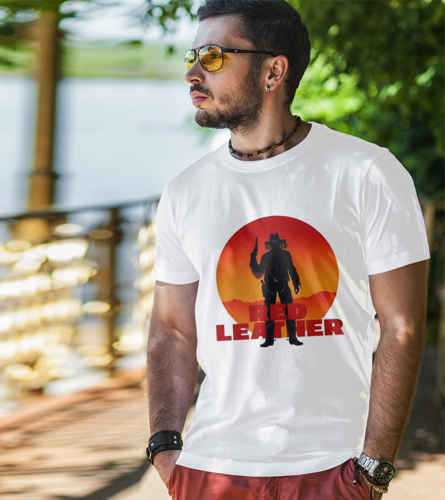 Red Leather Cowboy Sunset Silhouette With Gun And Hat In Desert T-Shirt