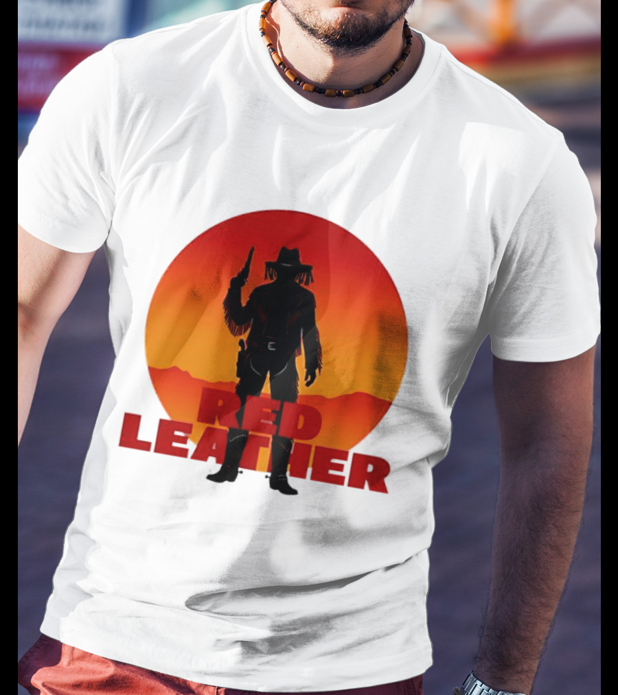 Red Leather Cowboy Sunset Silhouette With Gun And Hat In Desert T-Shirt