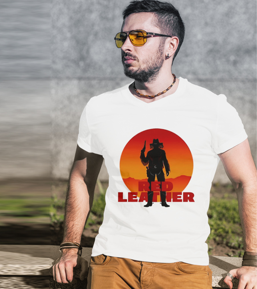 Red Leather Cowboy Sunset Silhouette With Gun And Hat In Desert T-Shirt