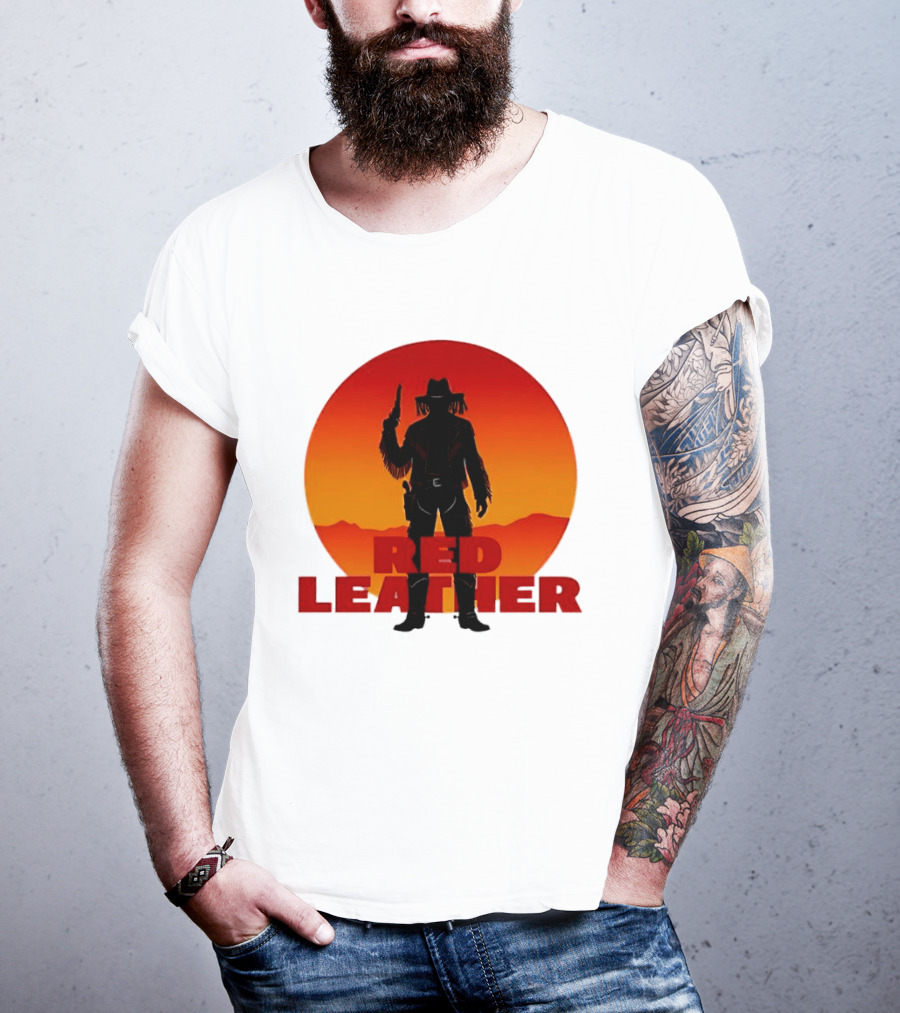 Red Leather Cowboy Sunset Silhouette With Gun And Hat In Desert T-Shirt