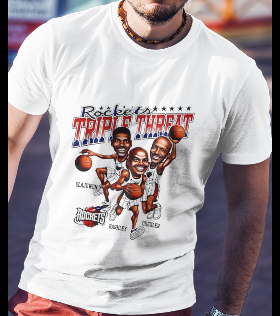 Hakeem Olajuwon Charles Barkley Clyde Drexler Rockets Triple Threat NBA Legends T-Shirt