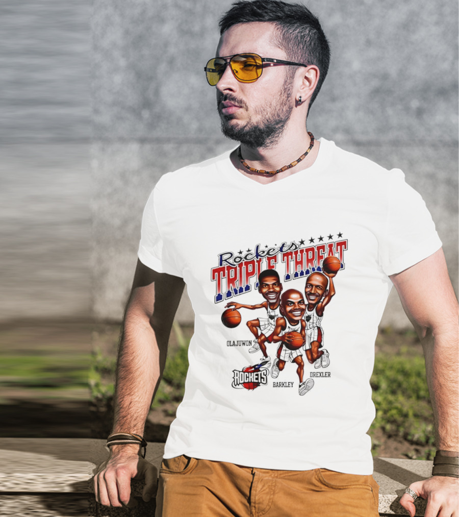 Hakeem Olajuwon Charles Barkley Clyde Drexler Rockets Triple Threat NBA Legends T-Shirt