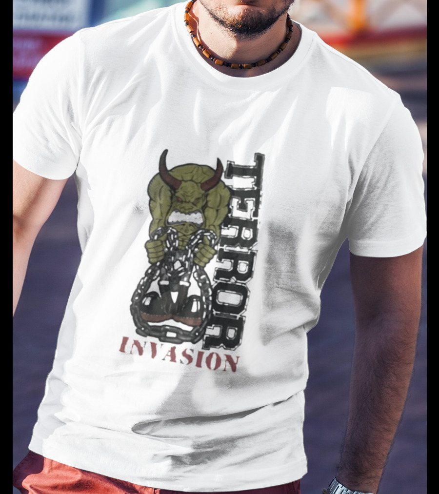 Terror Invasion Demon Holding Chains Warrior Monster T-Shirt