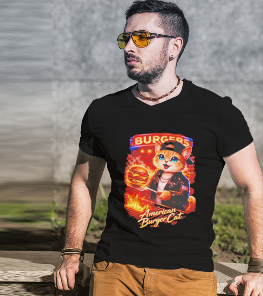 Burgers Flame Grilling American Burger Cat Fun T-Shirt
