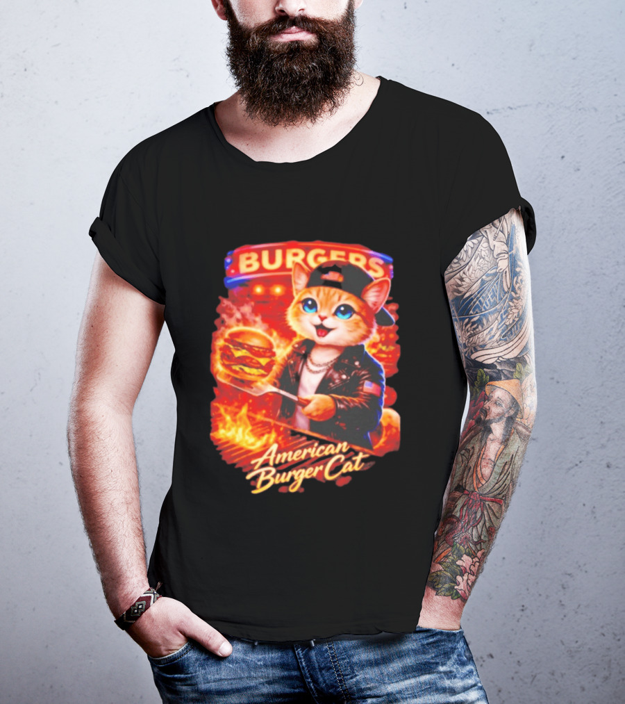Burgers Flame Grilling American Burger Cat Fun T-Shirt
