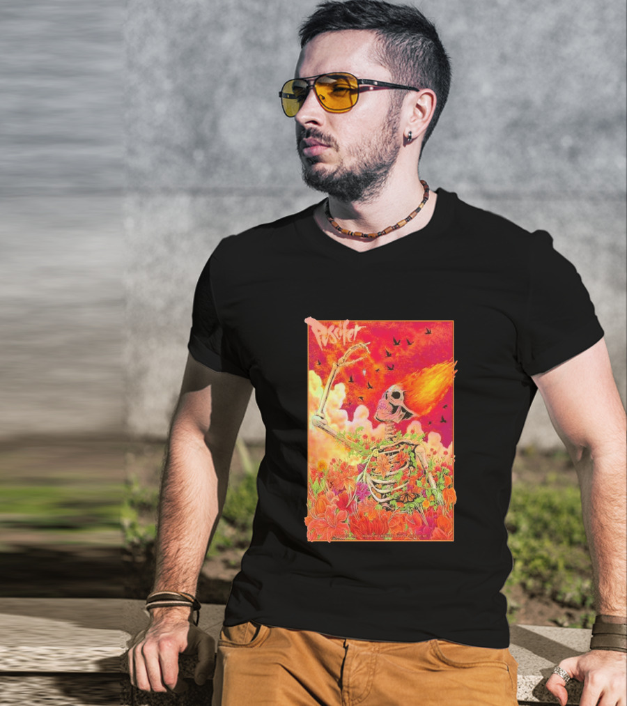 Puscifer March 31 2026 Thomas Wolfe Auditorium Asheville NC Skeleton Flames Flowers T-Shirt