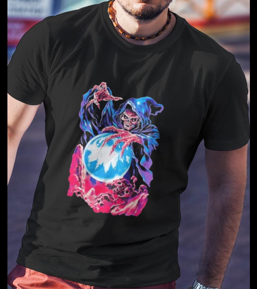 Grim Reaper Crystal Ball Skull Mystical Skeleton Hooded Cloak T-Shirt