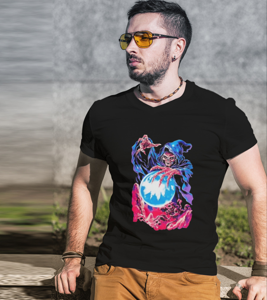 Grim Reaper Crystal Ball Skull Mystical Skeleton Hooded Cloak T-Shirt