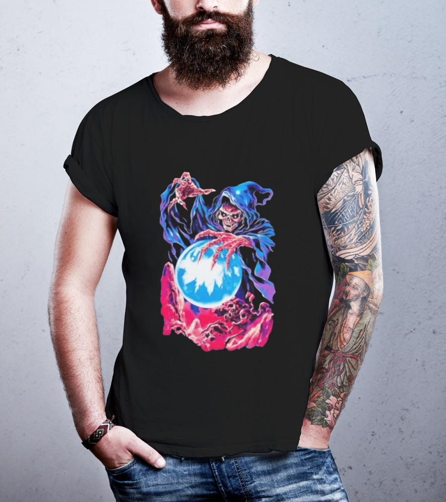 Grim Reaper Crystal Ball Skull Mystical Skeleton Hooded Cloak T-Shirt