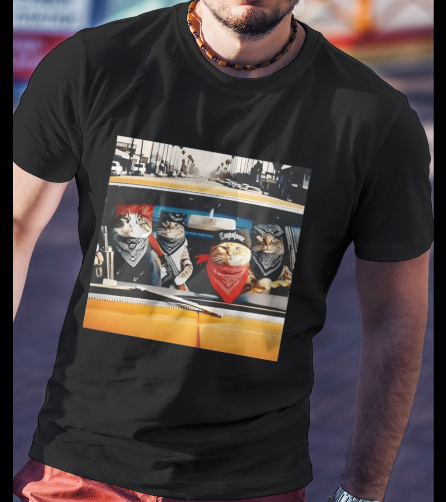 Gangster Cats In Lowrider Car With Bandanas And Guns T-Shirt