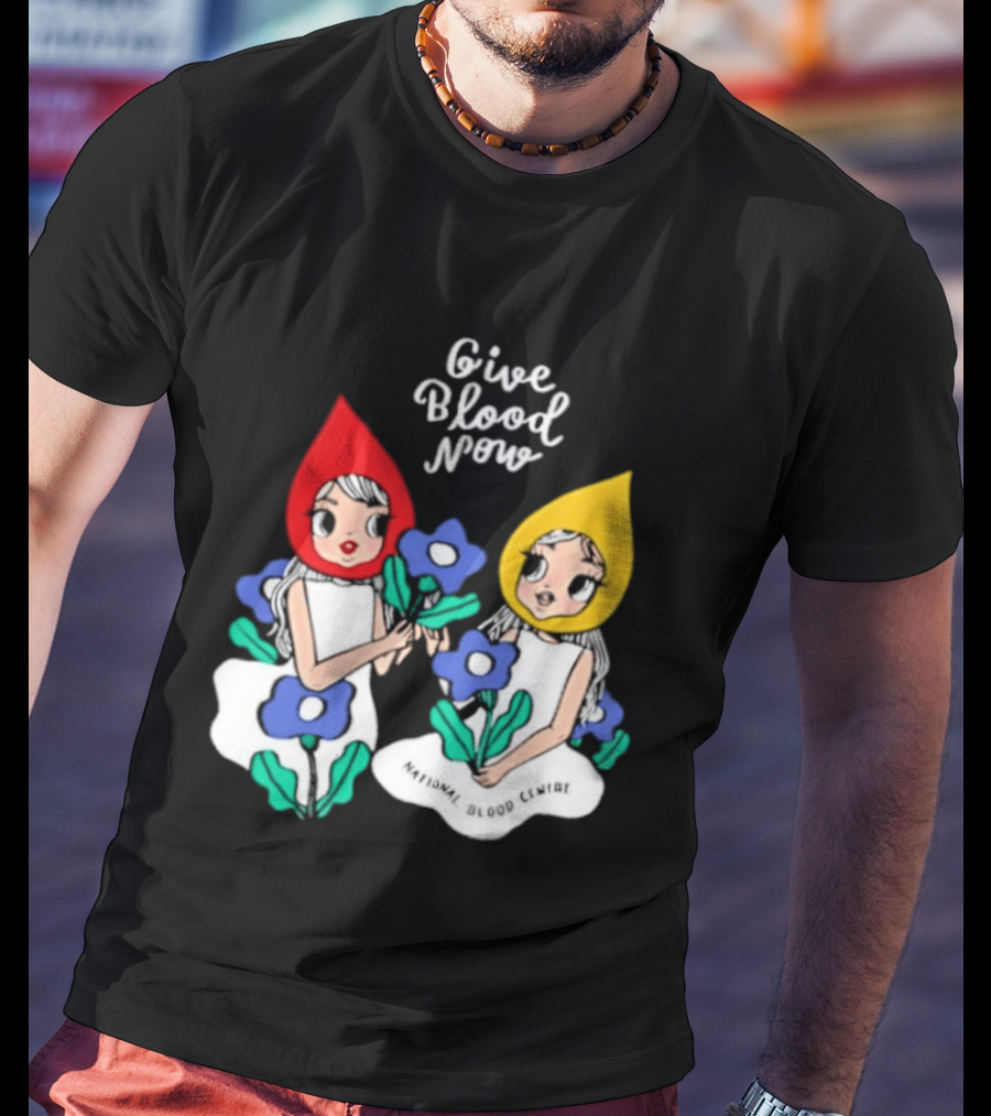 Give Blood Now National Blood Centre Cartoon Girls With Flowers T-Shirt