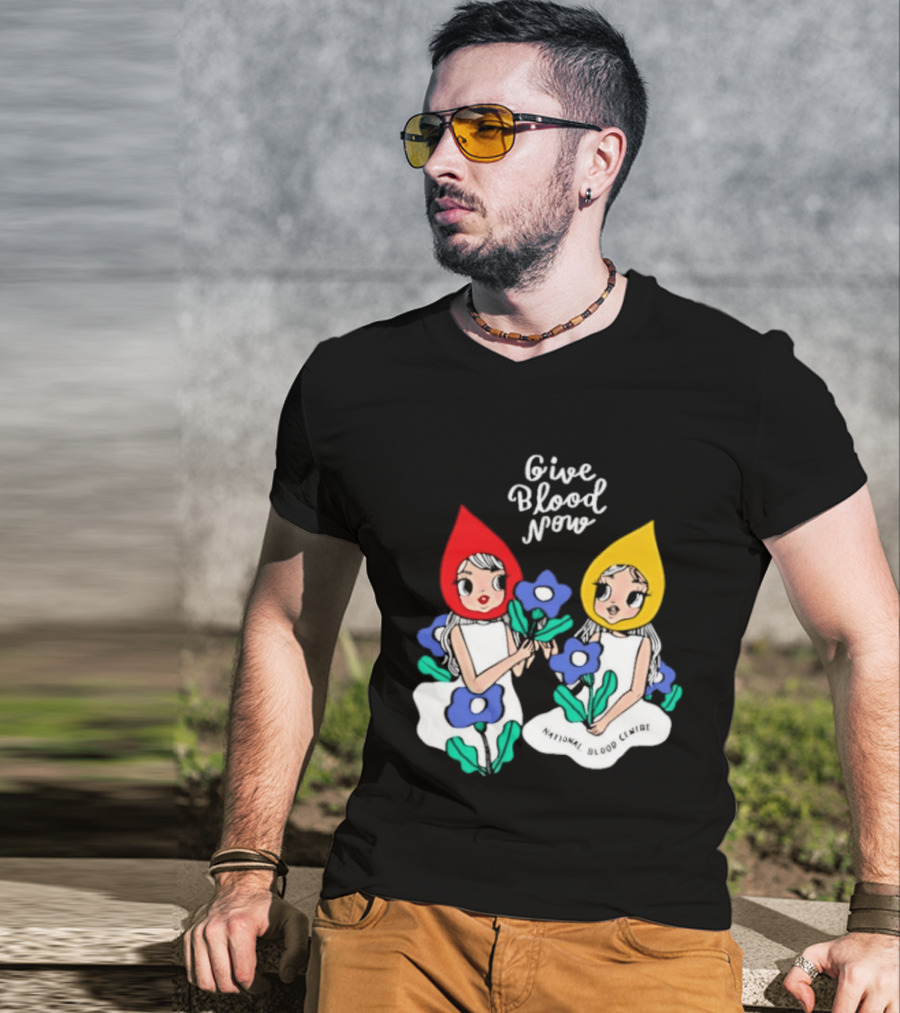 Give Blood Now National Blood Centre Cartoon Girls With Flowers T-Shirt