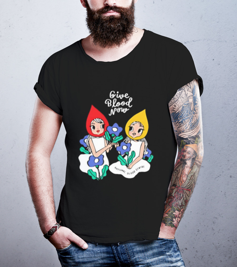 Give Blood Now National Blood Centre Cartoon Girls With Flowers T-Shirt