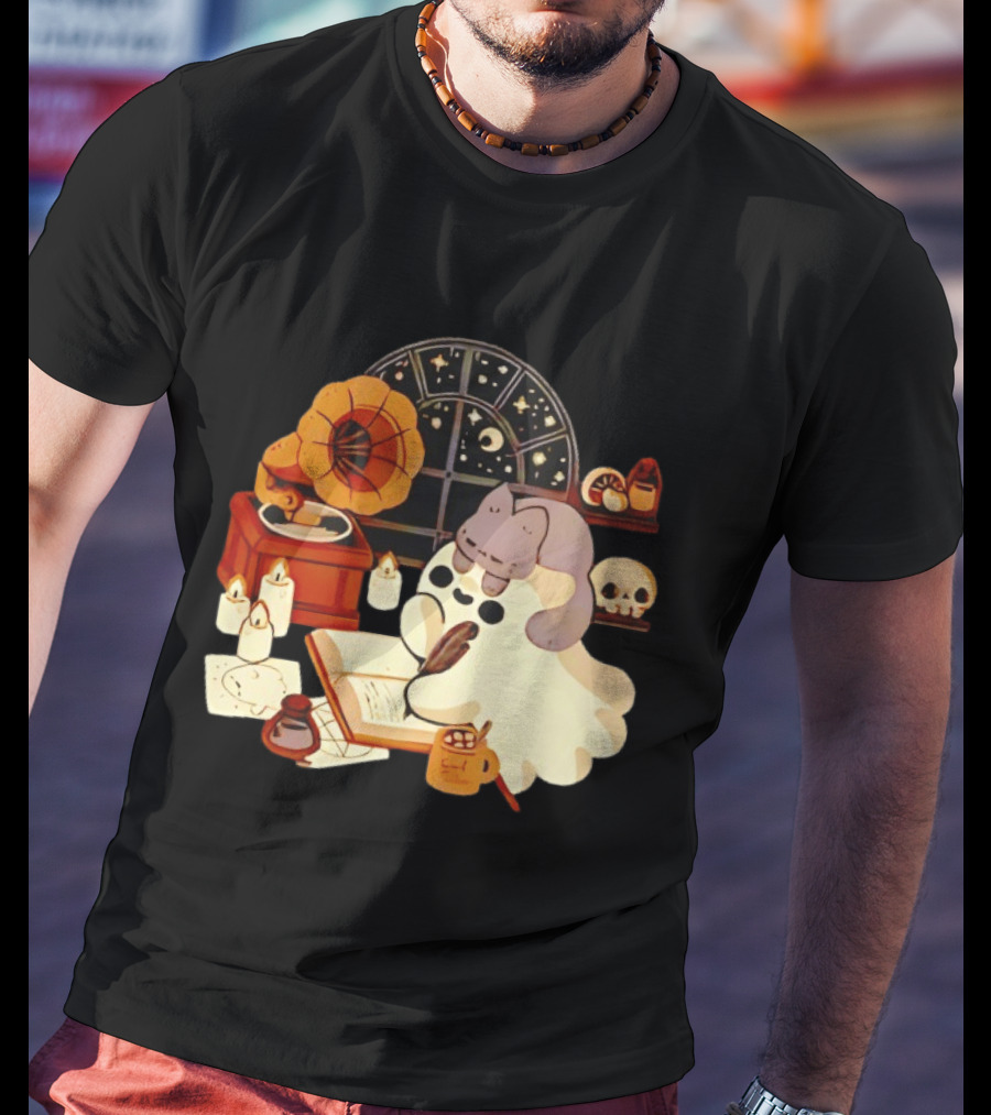 Ghost Cat Listening To Phonograph Under Night Sky While Writing T-Shirt