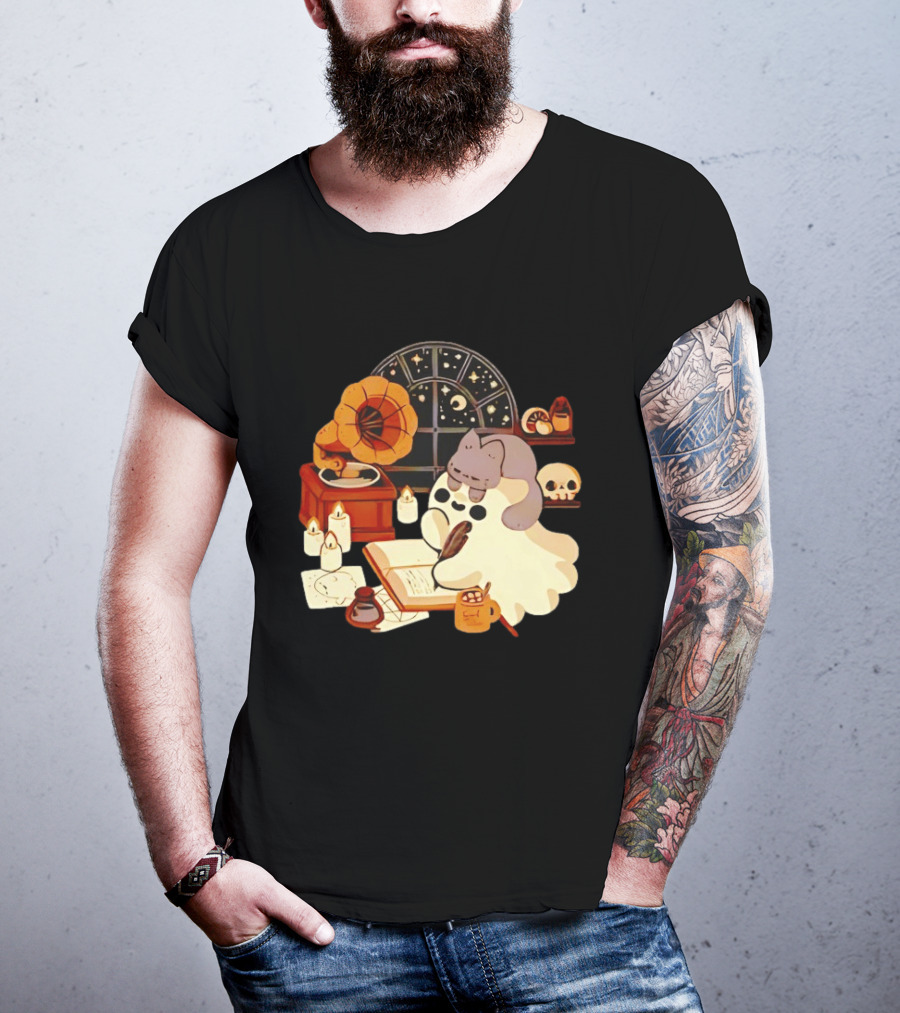 Ghost Cat Listening To Phonograph Under Night Sky While Writing T-Shirt