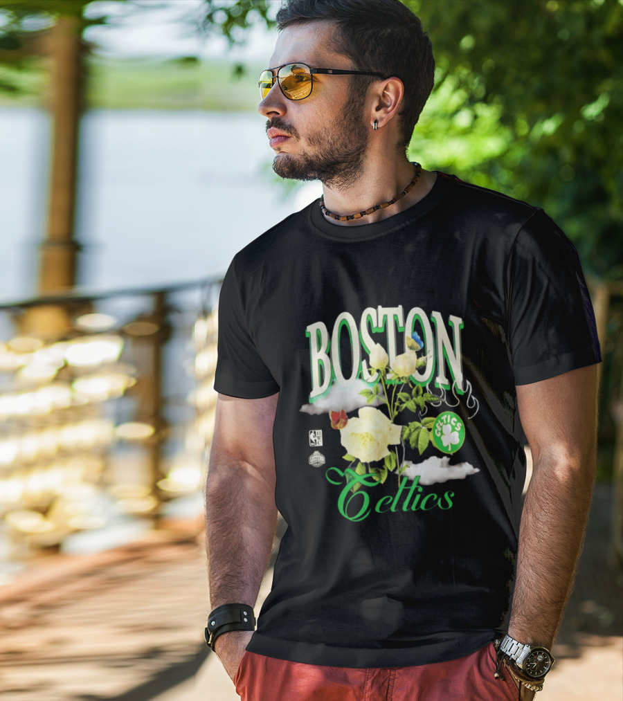 Boston Celtics Floral Roses With Butterfly And Shamrock T-Shirt