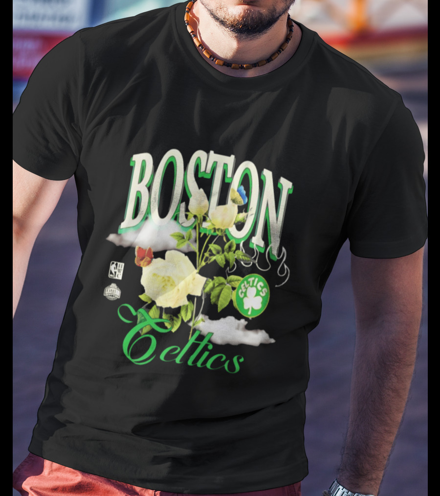 Boston Celtics Floral Roses With Butterfly And Shamrock T-Shirt