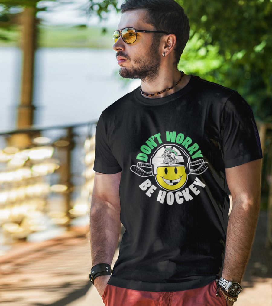 Don't Worry Be Hockey Cedar Rapids RoughRiders Smiley Face Helmet Rugged Fun T-Shirt