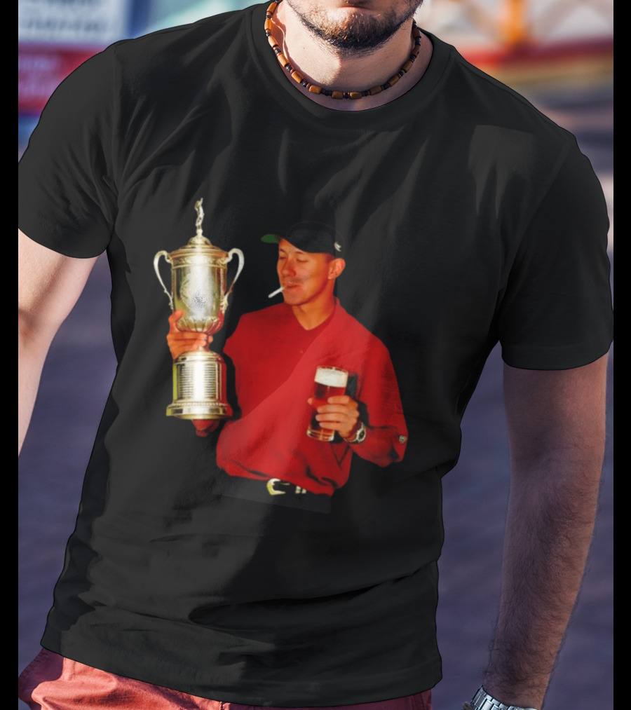 Tiger Woods Holding US Open Trophy With Cigarette And Drink In Hand T-Shirt
