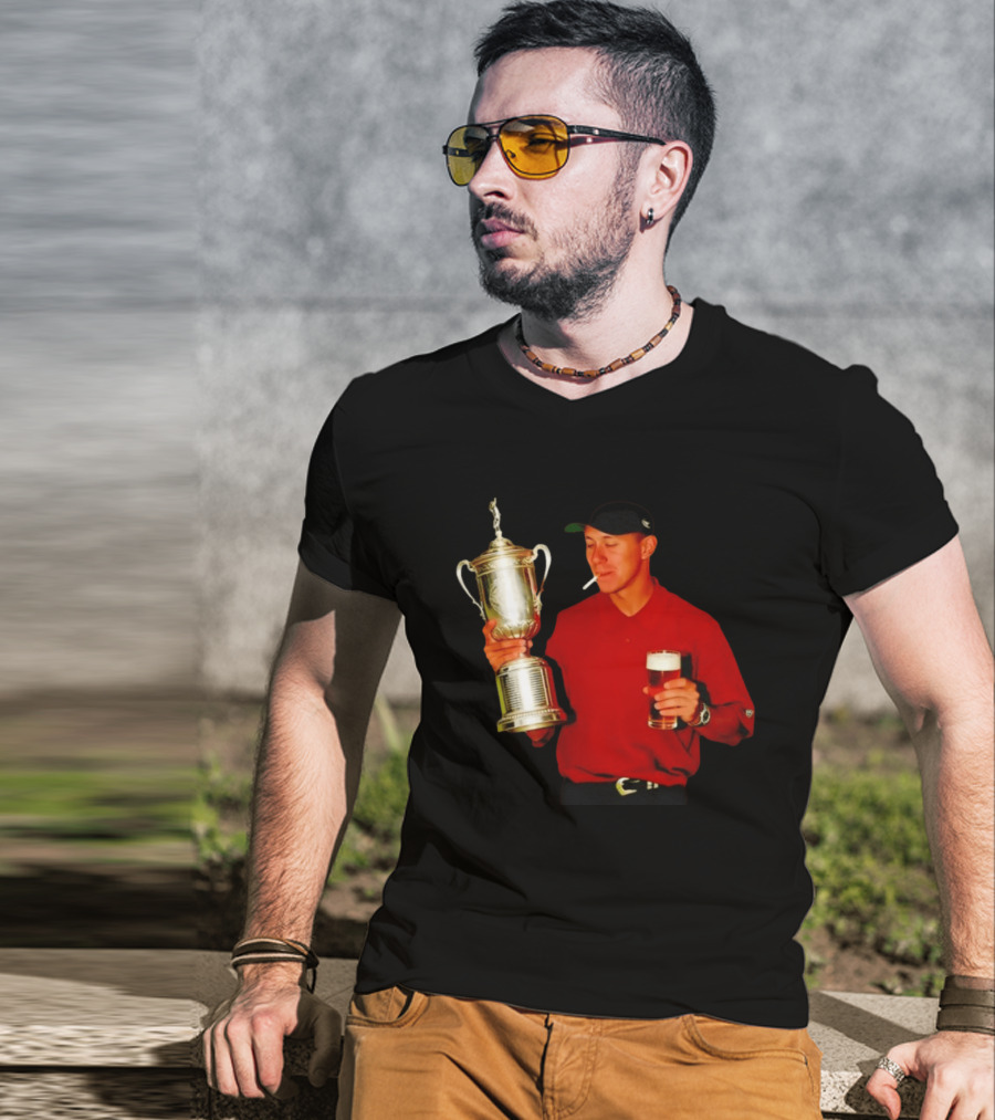 Tiger Woods Holding US Open Trophy With Cigarette And Drink In Hand T-Shirt