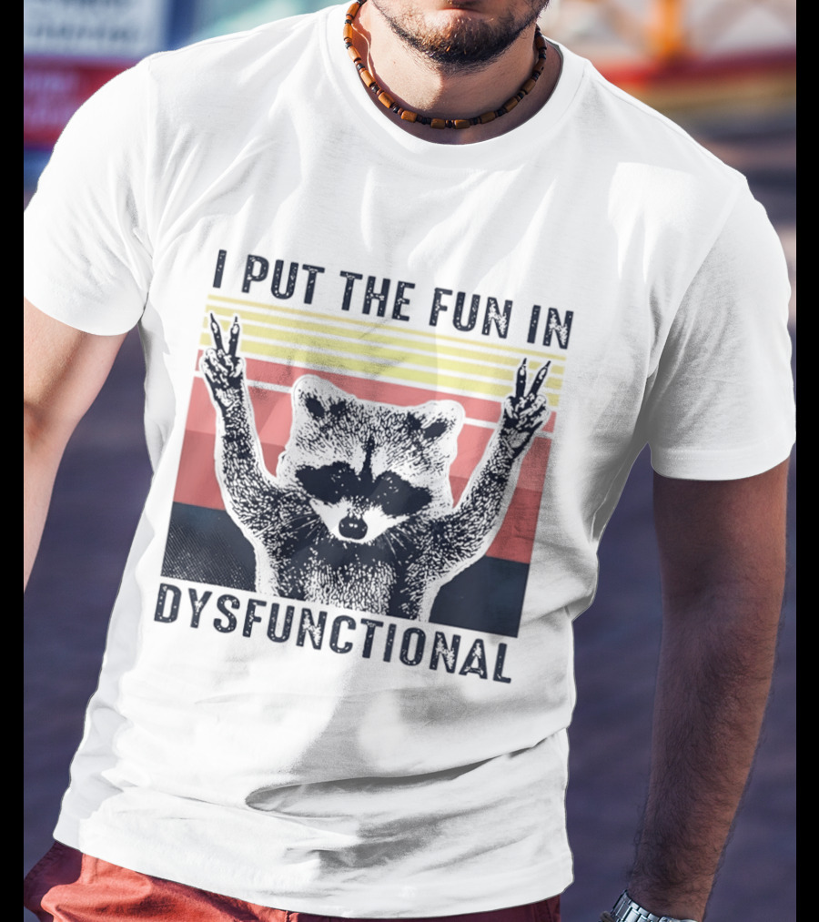 Raccoon Peace Gesture Fun In Dysfunctional Retro Sunset T-Shirt