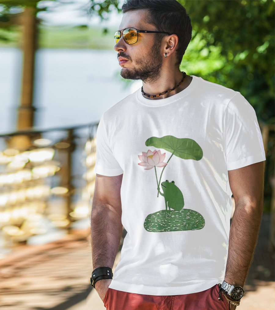 Frog With Lotus Umbrella Under The Rain Meme Cute Nature Scene T-Shirt