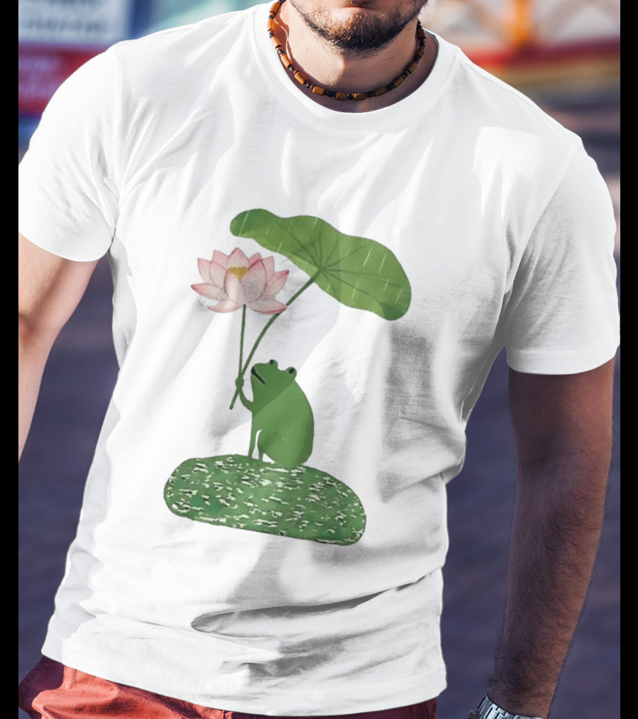 Frog With Lotus Umbrella Under The Rain Meme Cute Nature Scene T-Shirt