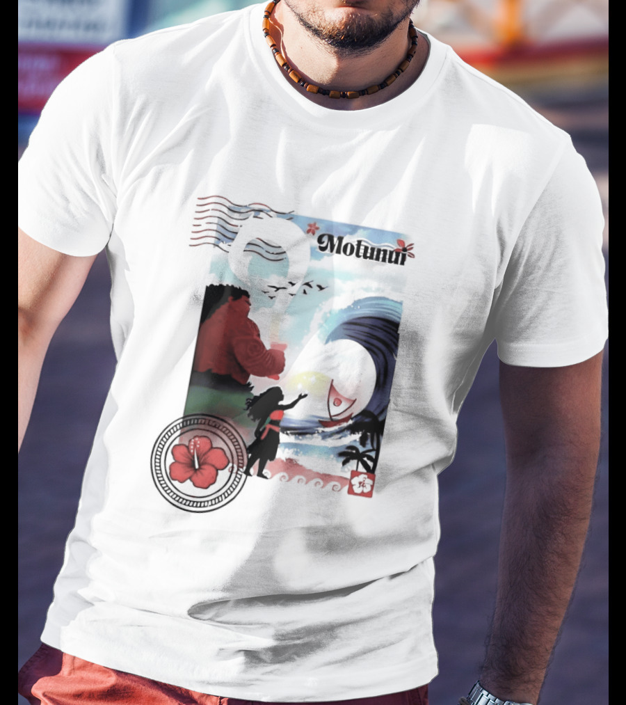 Motunui Postage Stamp Ocean Wave Hibiscus Blossom T-Shirt