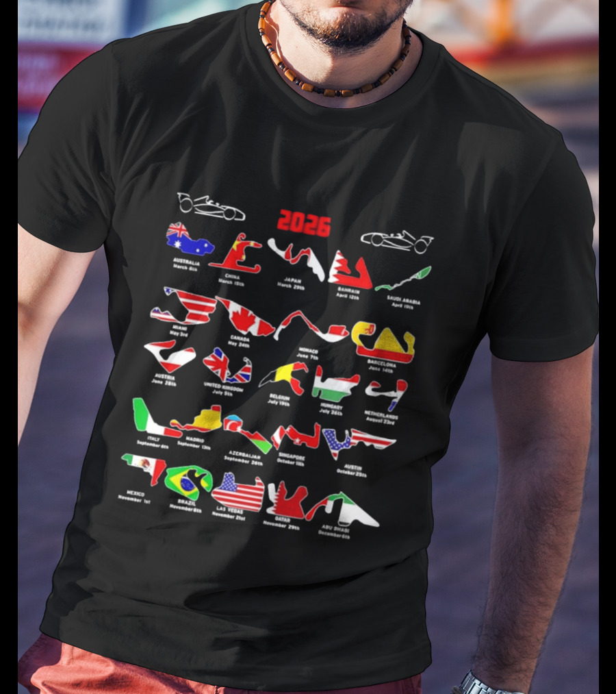 Formula Racing 2026 Circuit Map With International Flags And Track Layouts T-Shirt