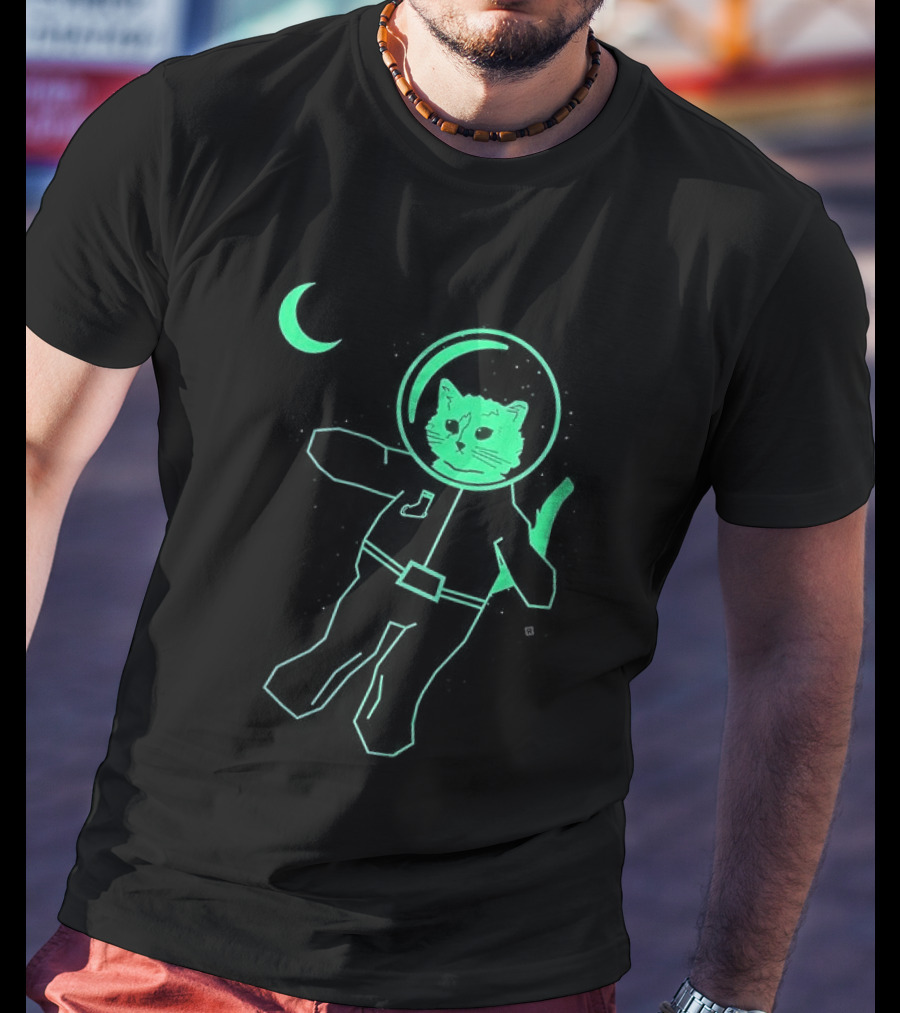 Glow In The Dark Astronaut Neon Cat With Moon Phases T-Shirt
