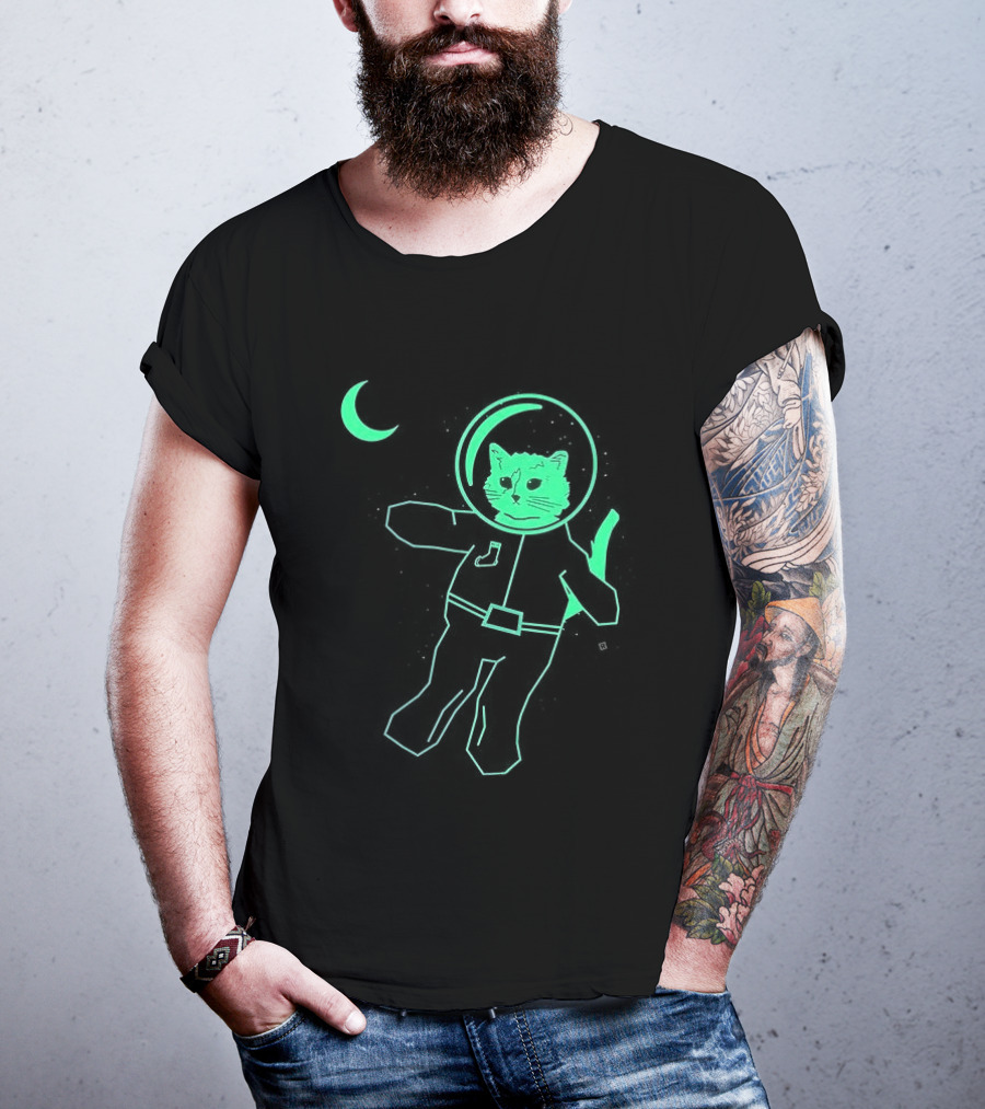 Glow In The Dark Astronaut Neon Cat With Moon Phases T-Shirt