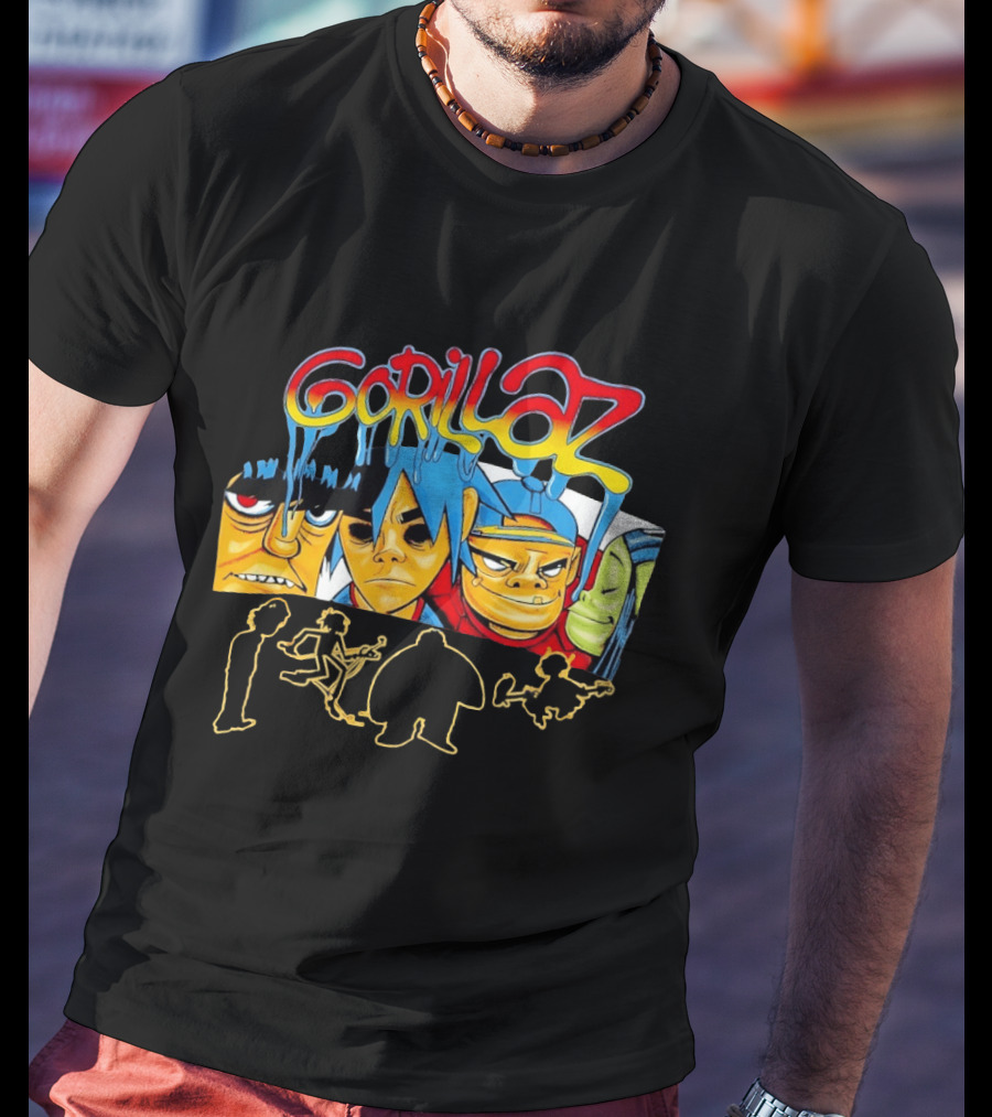 Gorillaz Band Characters Face Art And Silhouette Outlines T-Shirt