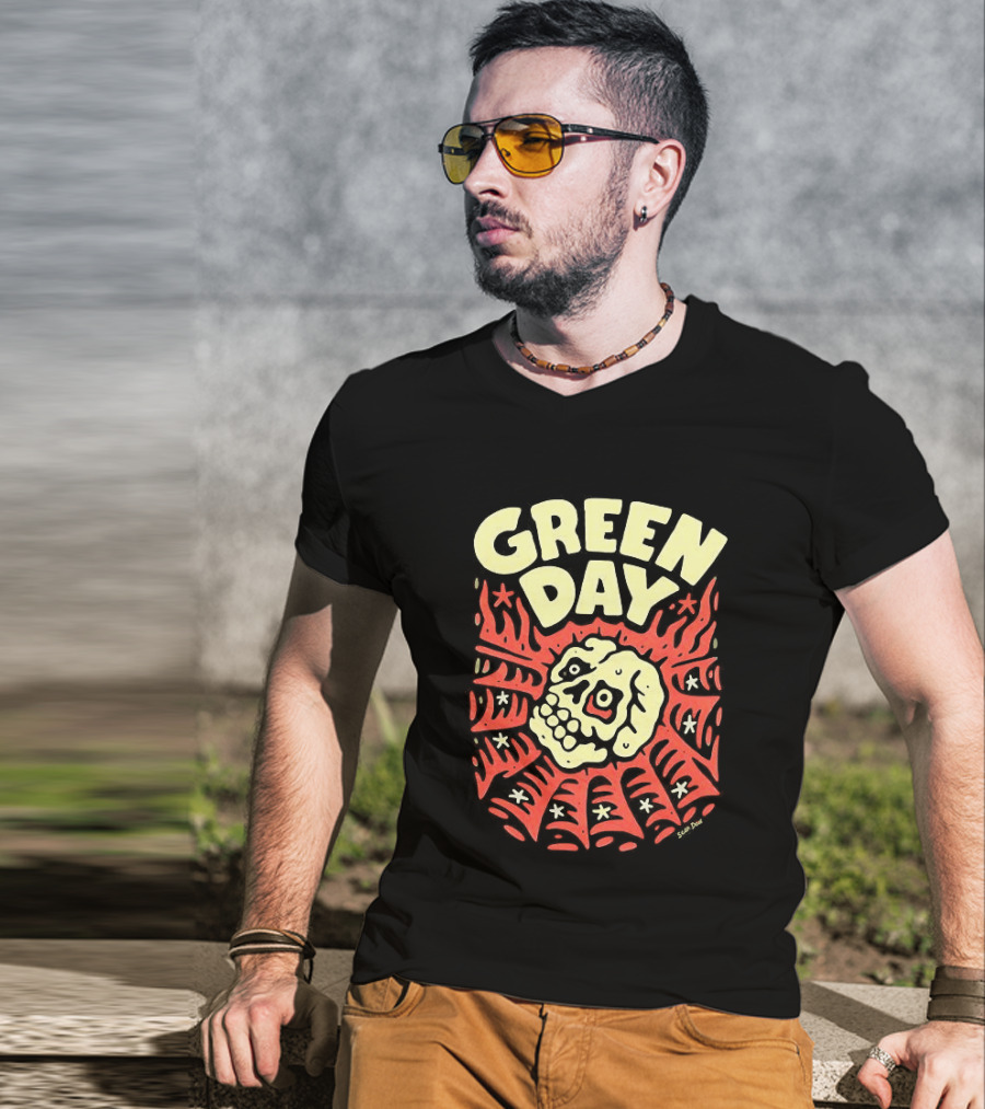 Green Day Skull Spider Red And Cream T-Shirt