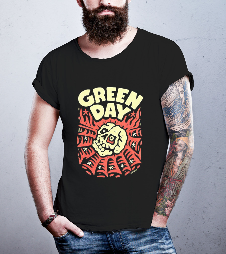 Green Day Skull Spider Red And Cream T-Shirt