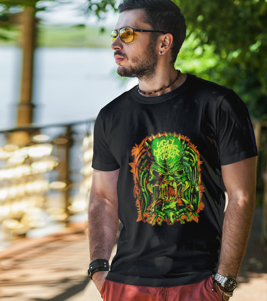 Predator Ugly Mother Fucker Alien Mask Neon Green And Orange T-Shirt