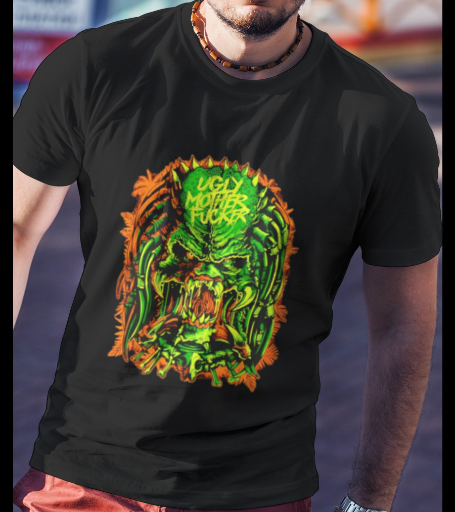 Predator Ugly Mother Fucker Alien Mask Neon Green And Orange T-Shirt