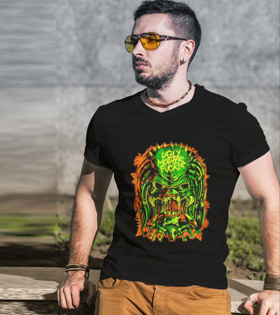 Predator Ugly Mother Fucker Alien Mask Neon Green And Orange T-Shirt