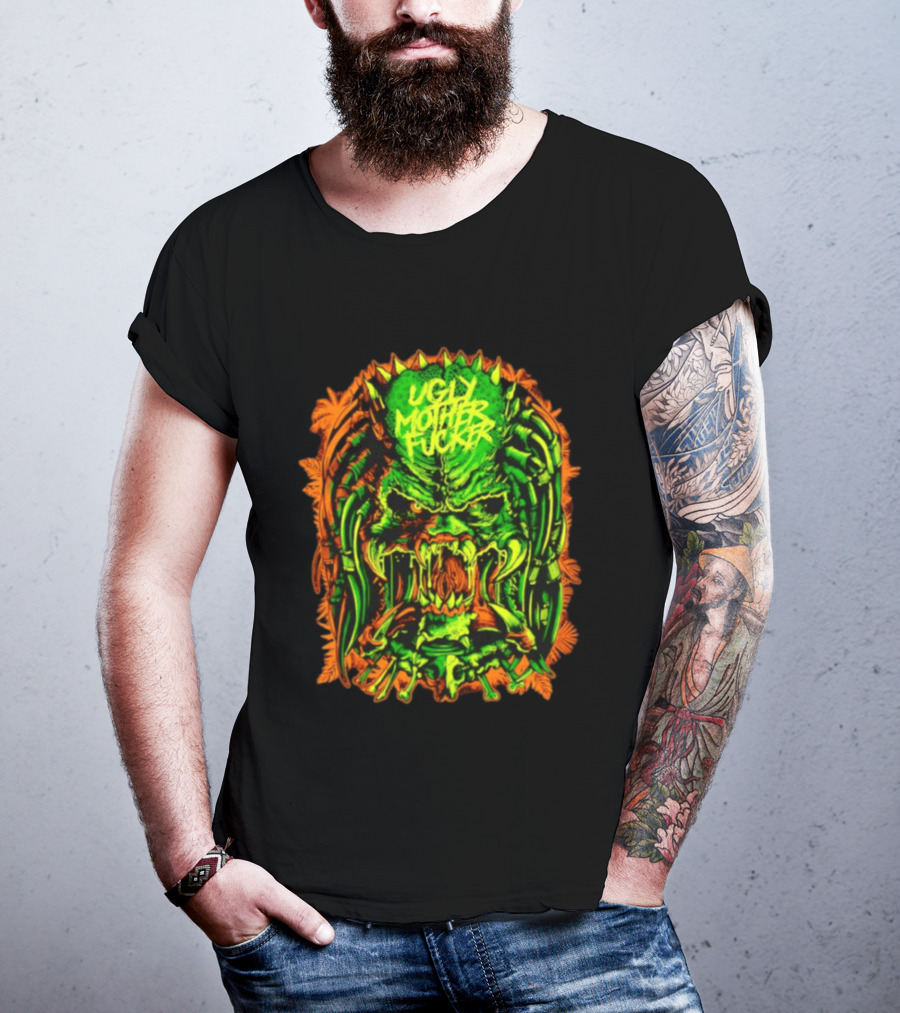 Predator Ugly Mother Fucker Alien Mask Neon Green And Orange T-Shirt