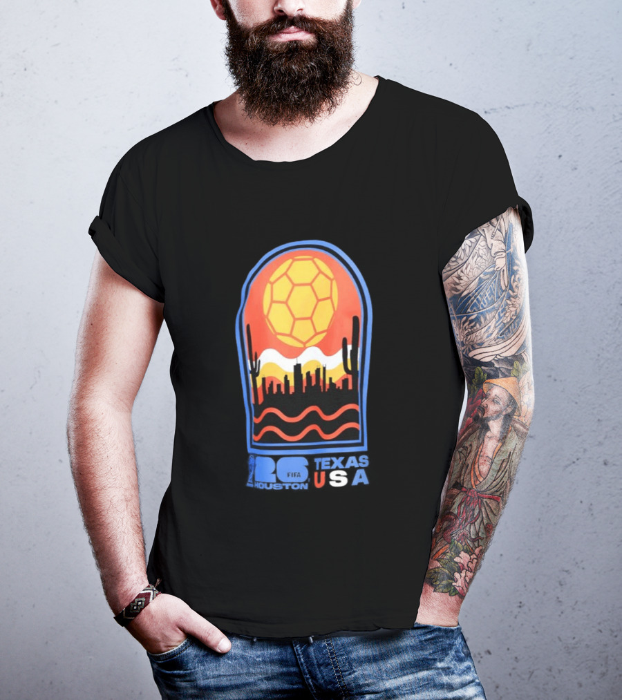 Texas USA FIFA 2026 Houston Skyline Cactus Sunset Soccer Ball T-Shirt