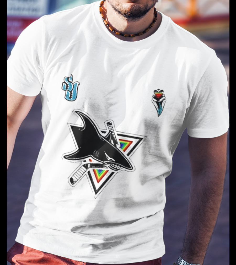 San Jose Sharks Pride Night 2026 Team Logo With Rainbow Accents T-Shirt