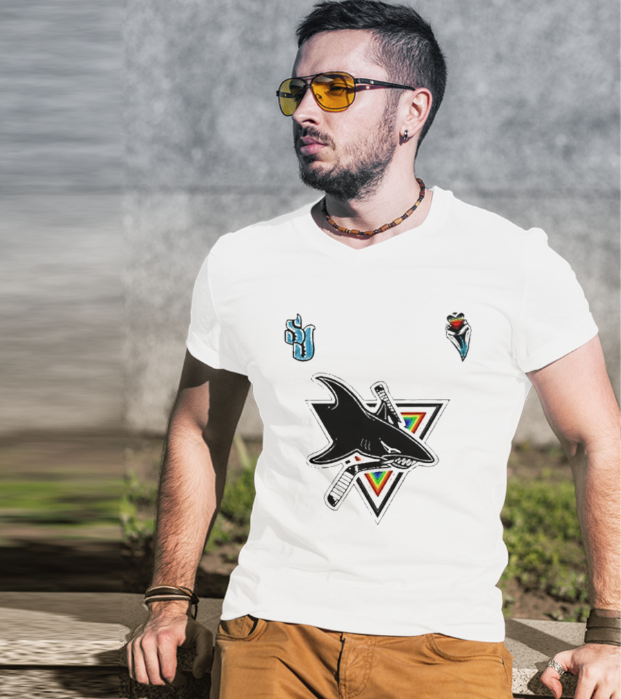 San Jose Sharks Pride Night 2026 Team Logo With Rainbow Accents T-Shirt