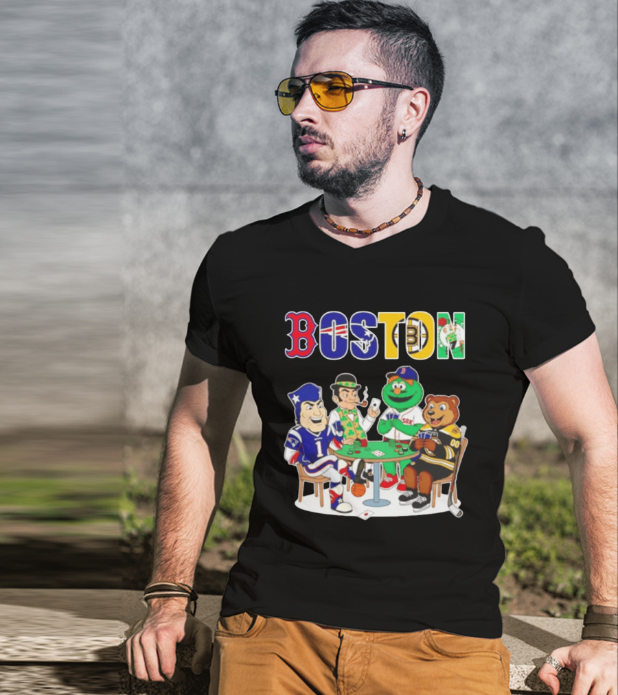 Boston Teams Playing Cards Patriots Red Sox Celtics Bruins Logos T-Shirt