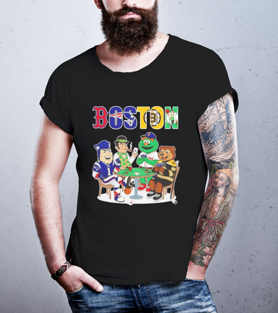 Boston Teams Playing Cards Patriots Red Sox Celtics Bruins Logos T-Shirt