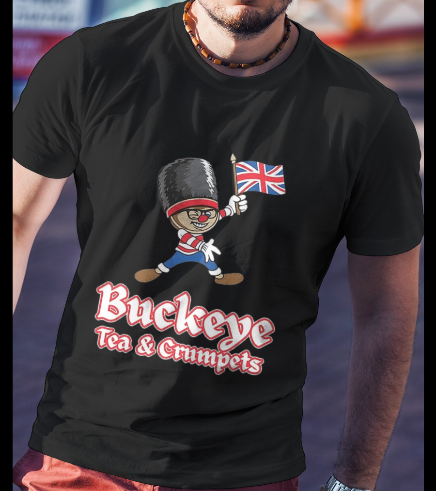 Buckeye Tea And Crumpets British Guard Cartoon With Union Jack Flag T-Shirt