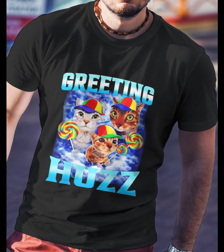 Greeting Huzz Cat Meme With Lollipops And Colorful Hats T-Shirt
